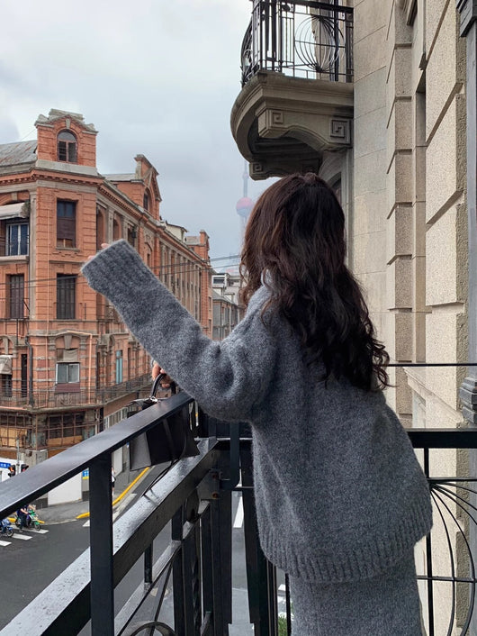 Morgan | Women's V-Neck Knit Sweater and Flare Midi Skirt Set